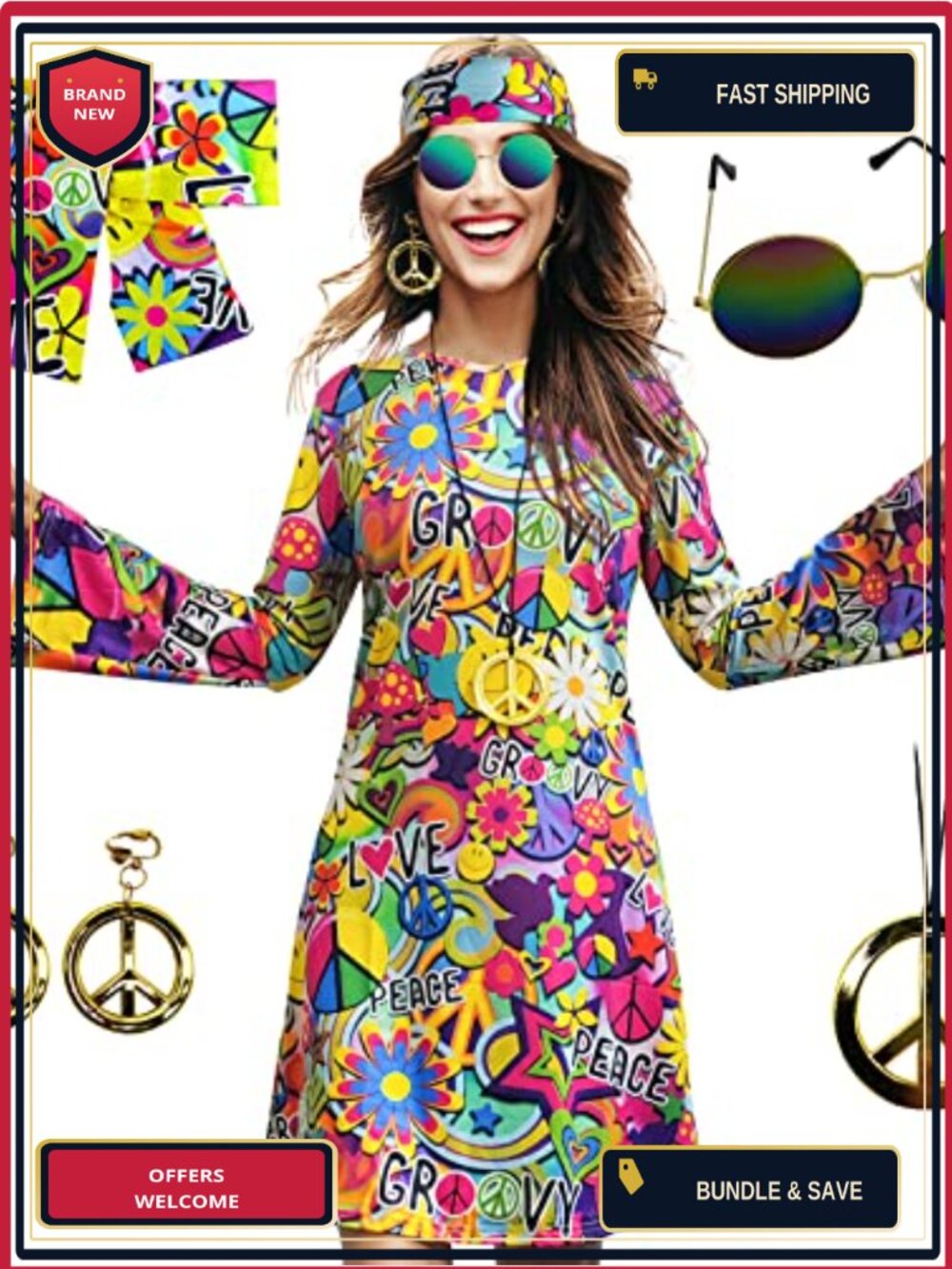 70s Hippie Costume Set Dress Necklace Earrings Sunglasses Retro Disco